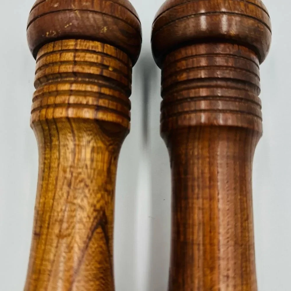 Vintage 1980s Wooden Salt Pepper Grinder Mill Set Large Turned Wood Kitchen Pair